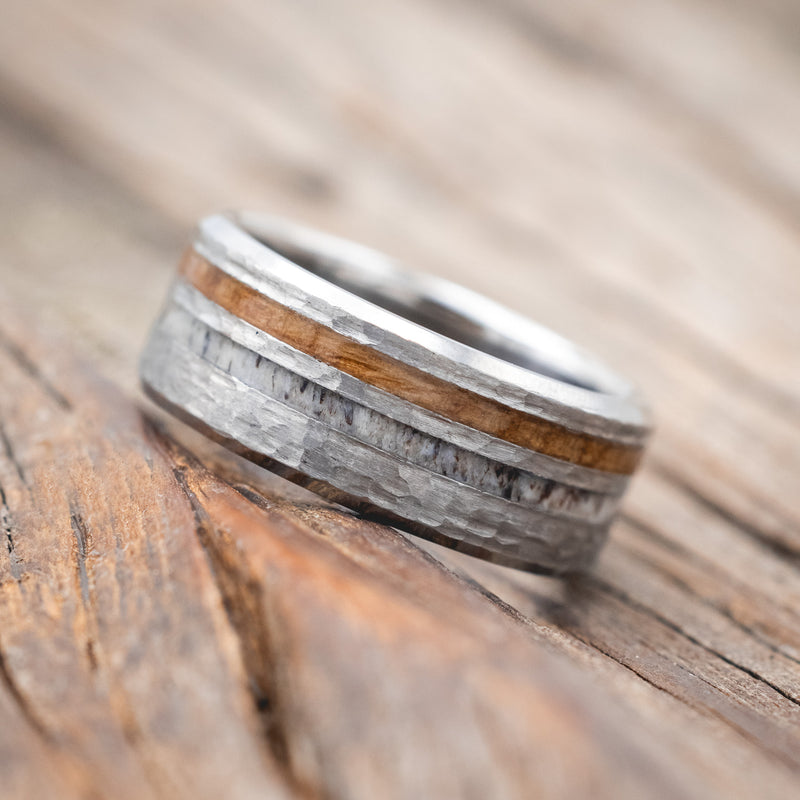 "COSMO" - WHISKEY BARREL OAK & ANTLER WEDDING BAND WITH A HAMMERED FINISH