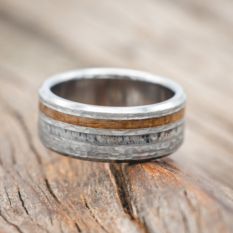 "COSMO" - WHISKEY BARREL OAK & ANTLER WEDDING BAND WITH A HAMMERED FINISH