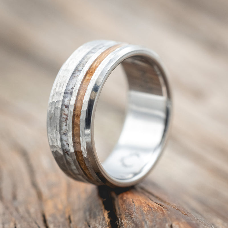 "COSMO" - WHISKEY BARREL OAK & ANTLER WEDDING BAND WITH A HAMMERED FINISH