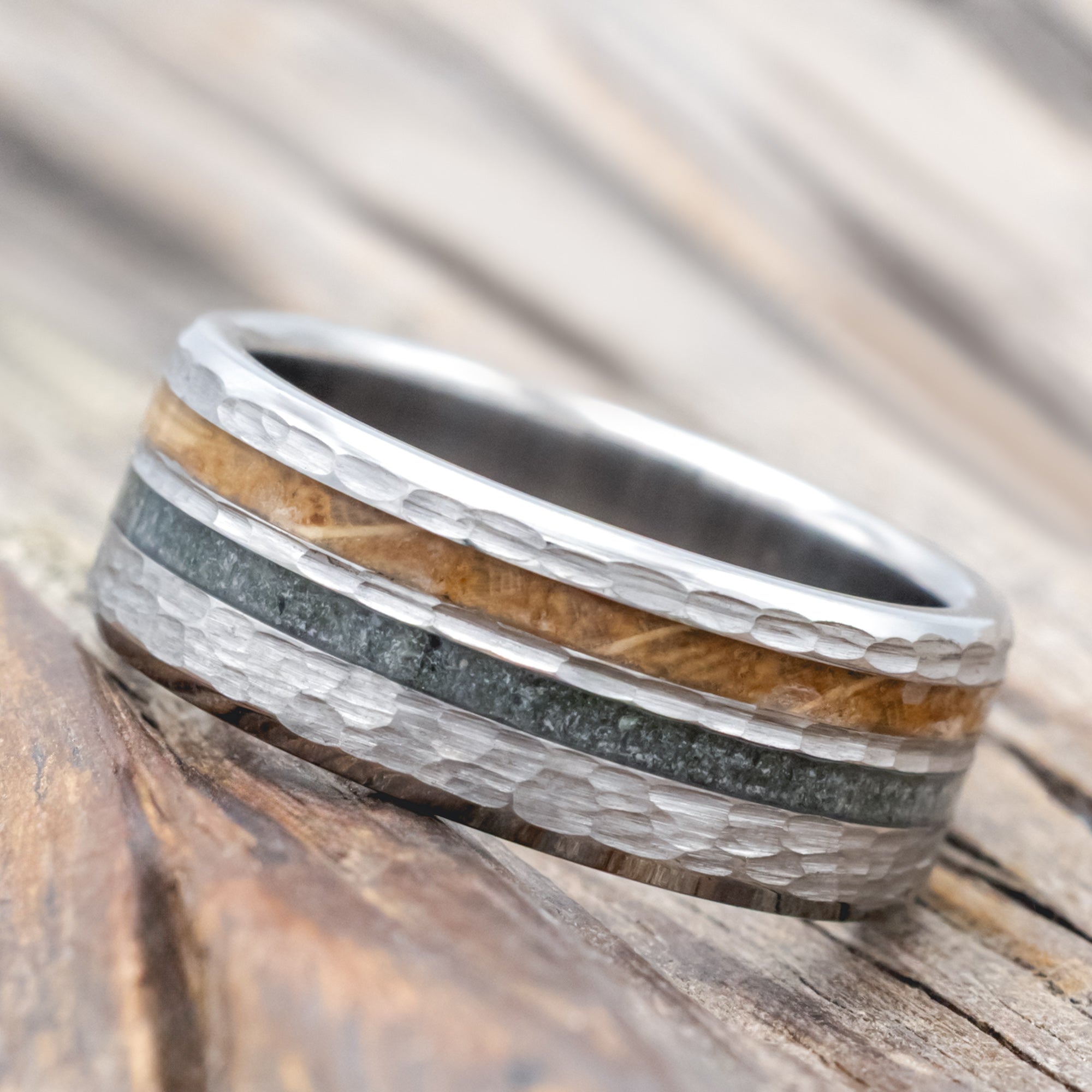 "Cosmo" - Whiskey Barrel Oak & Moss Agate Wedding Ring Featuring A Hammered Finish-Staghead Designs