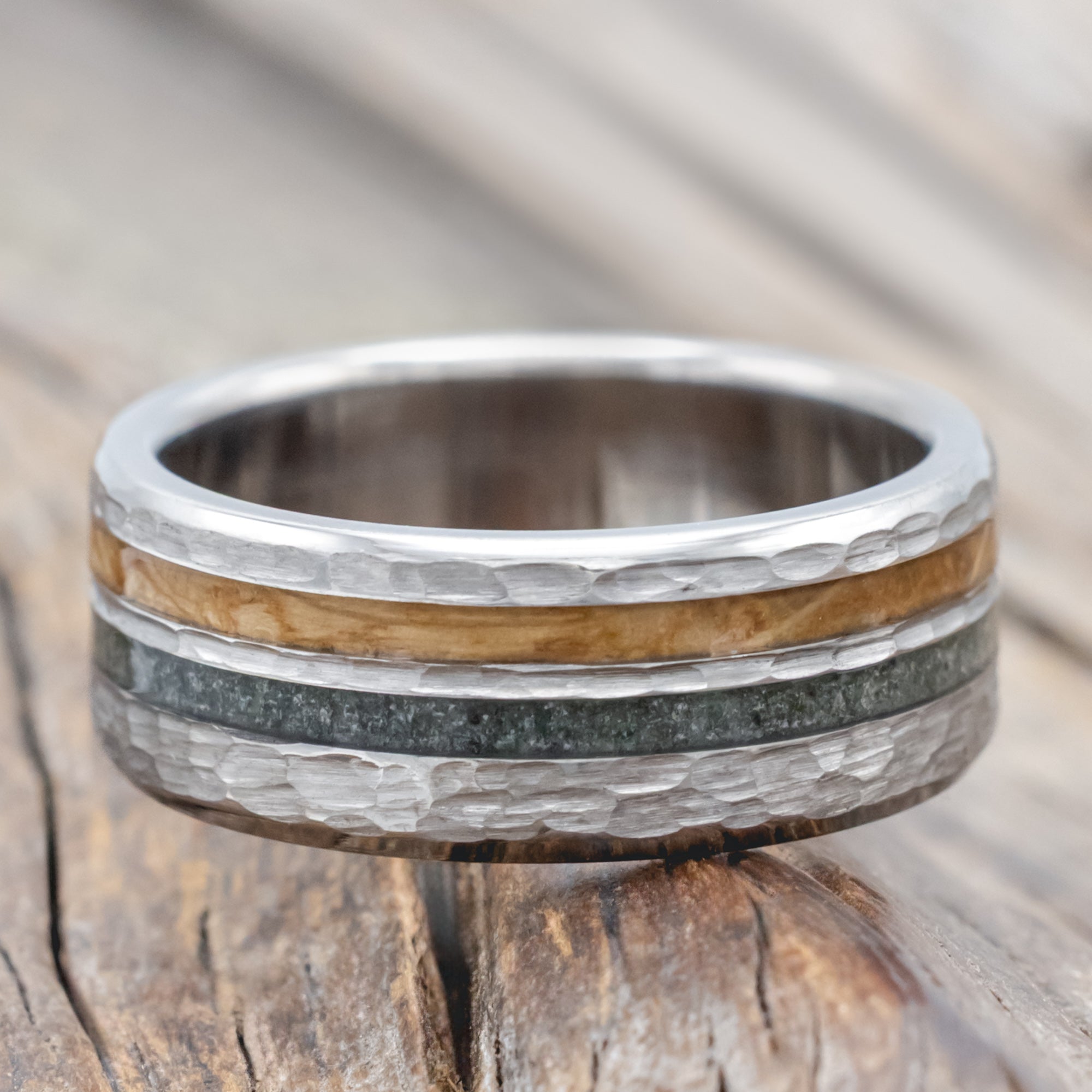 "Cosmo" - Whiskey Barrel Oak & Moss Agate Wedding Ring Featuring A Hammered Finish-Staghead Designs