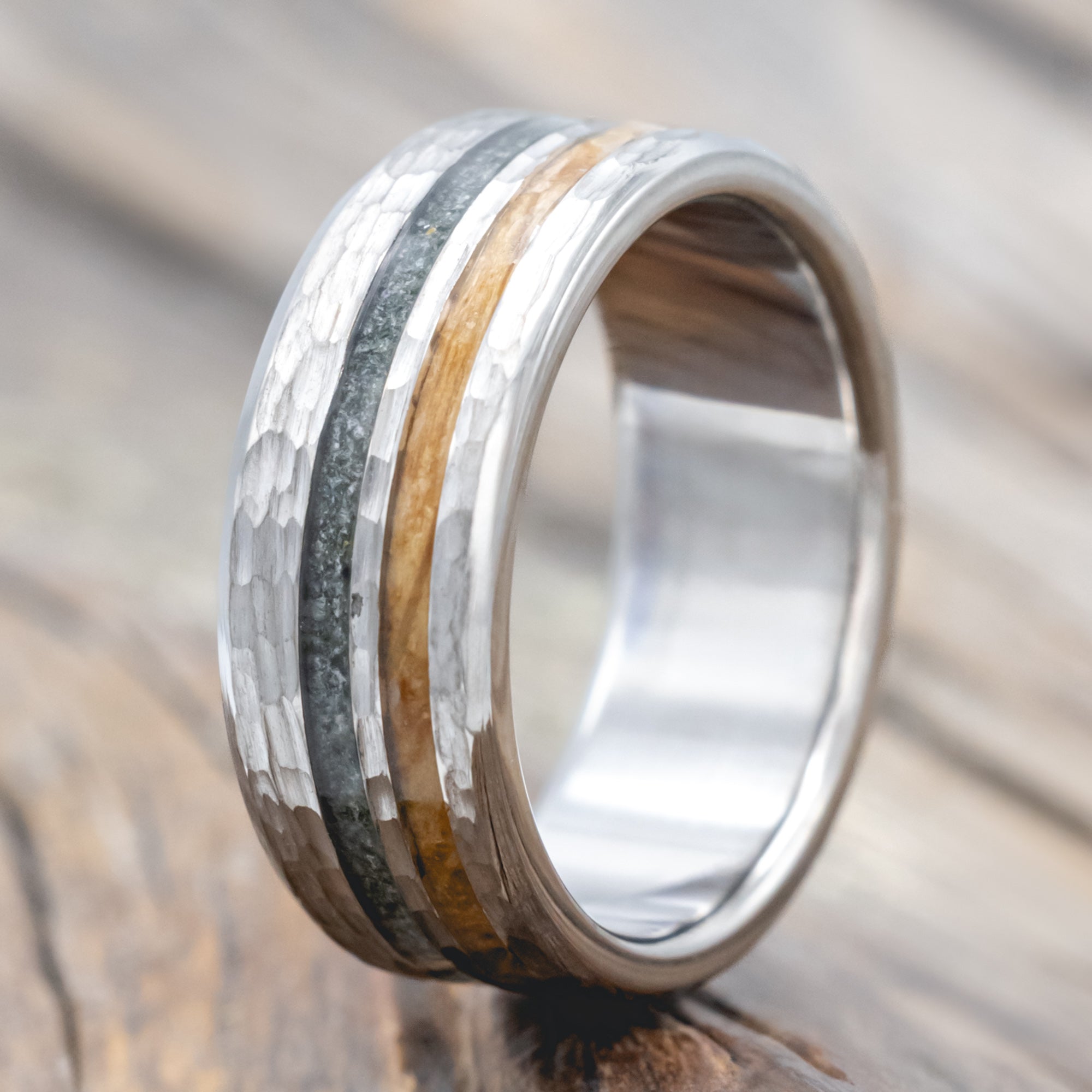 "Cosmo" - Whiskey Barrel Oak & Moss Agate Wedding Ring Featuring A Hammered Finish-Staghead Designs