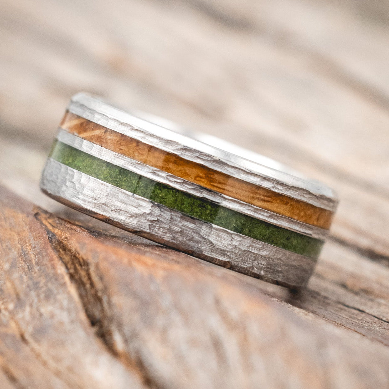"COSMO" - WHISKEY BARREL OAK & MOSS WEDDING RING FEATURING A HAMMERED FINISH-Staghead Designs