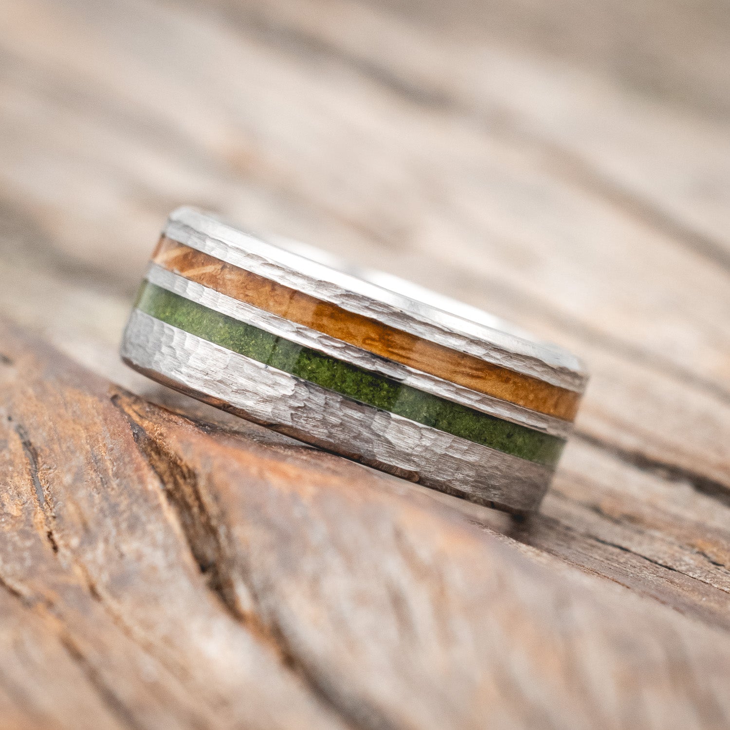 "COSMO" - WHISKEY BARREL OAK & MOSS WEDDING RING FEATURING A HAMMERED FINISH-Staghead Designs