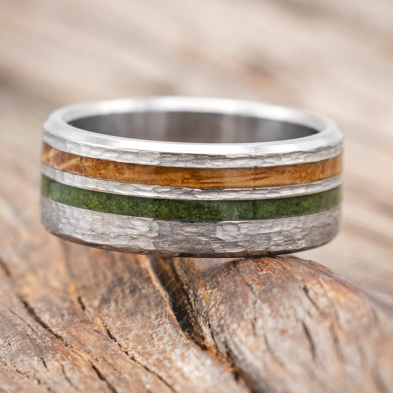 "COSMO" - WHISKEY BARREL OAK & MOSS WEDDING RING FEATURING A HAMMERED FINISH-Staghead Designs
