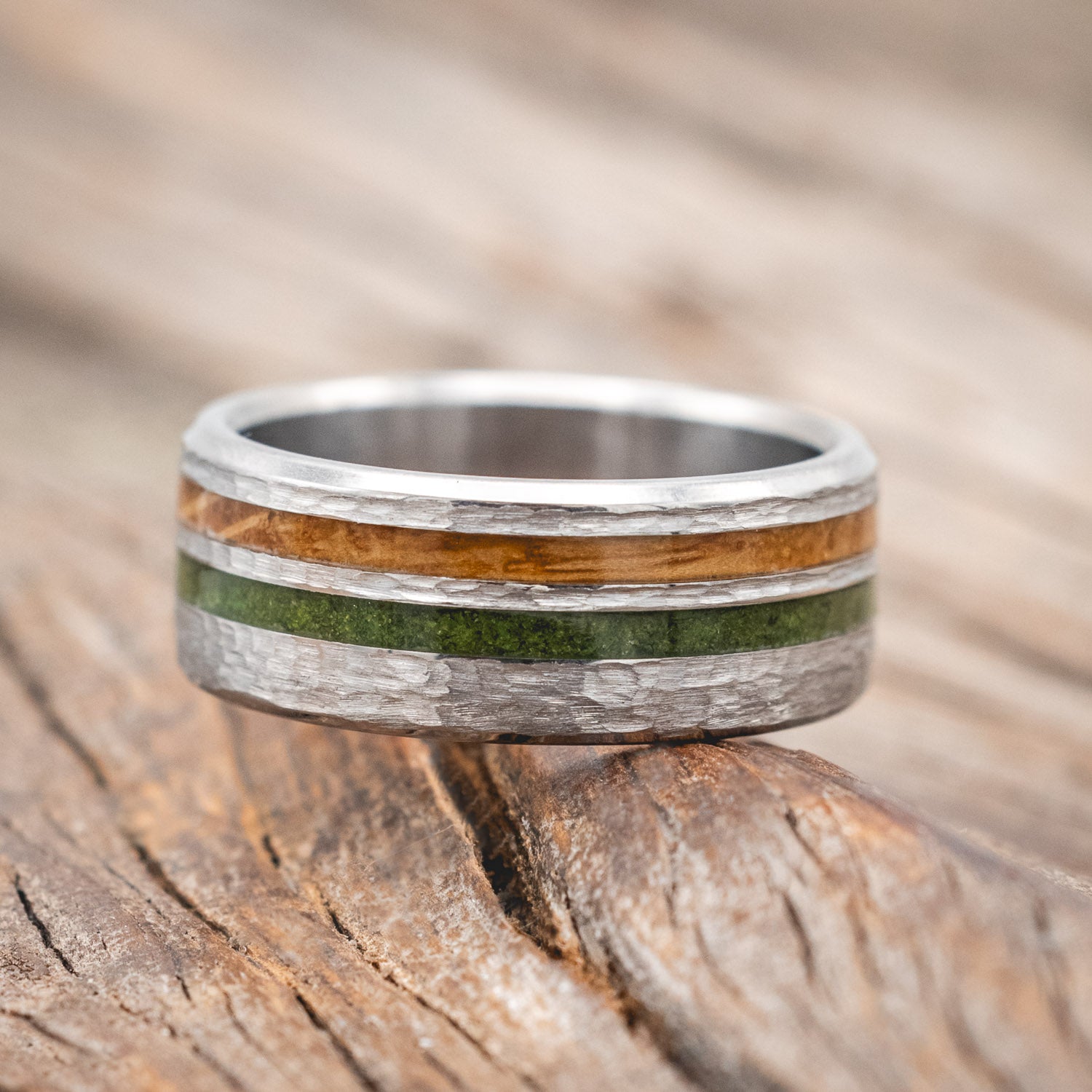 "COSMO" - WHISKEY BARREL OAK & MOSS WEDDING RING FEATURING A HAMMERED FINISH-Staghead Designs
