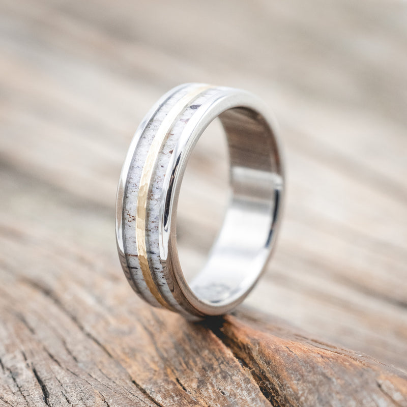 "DYAD" - ANTLER & HAMMERED 14K GOLD INLAY WEDDING BAND-Staghead Designs