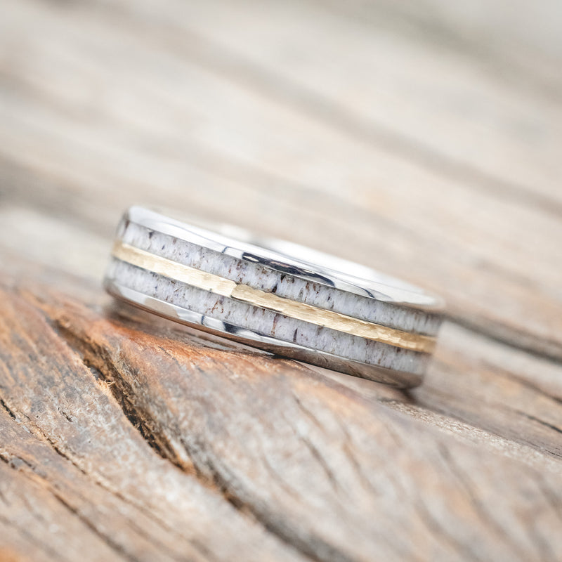 "DYAD" - ANTLER & HAMMERED 14K GOLD INLAY WEDDING BAND-Staghead Designs