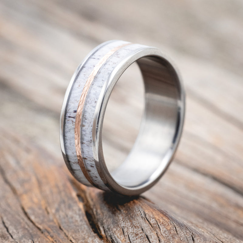 "DYAD" - ELK ANTLER WEDDING BAND WITH A HAMMERED 14K GOLD INLAY-Staghead Designs