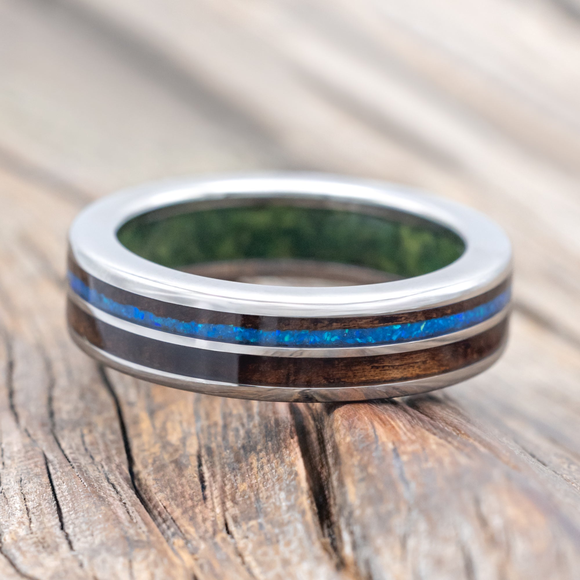 "DYAD" - KOA WOOD & BLUE OPAL WEDDING RING FEATURING A MOSS LINED BAND-Staghead Designs