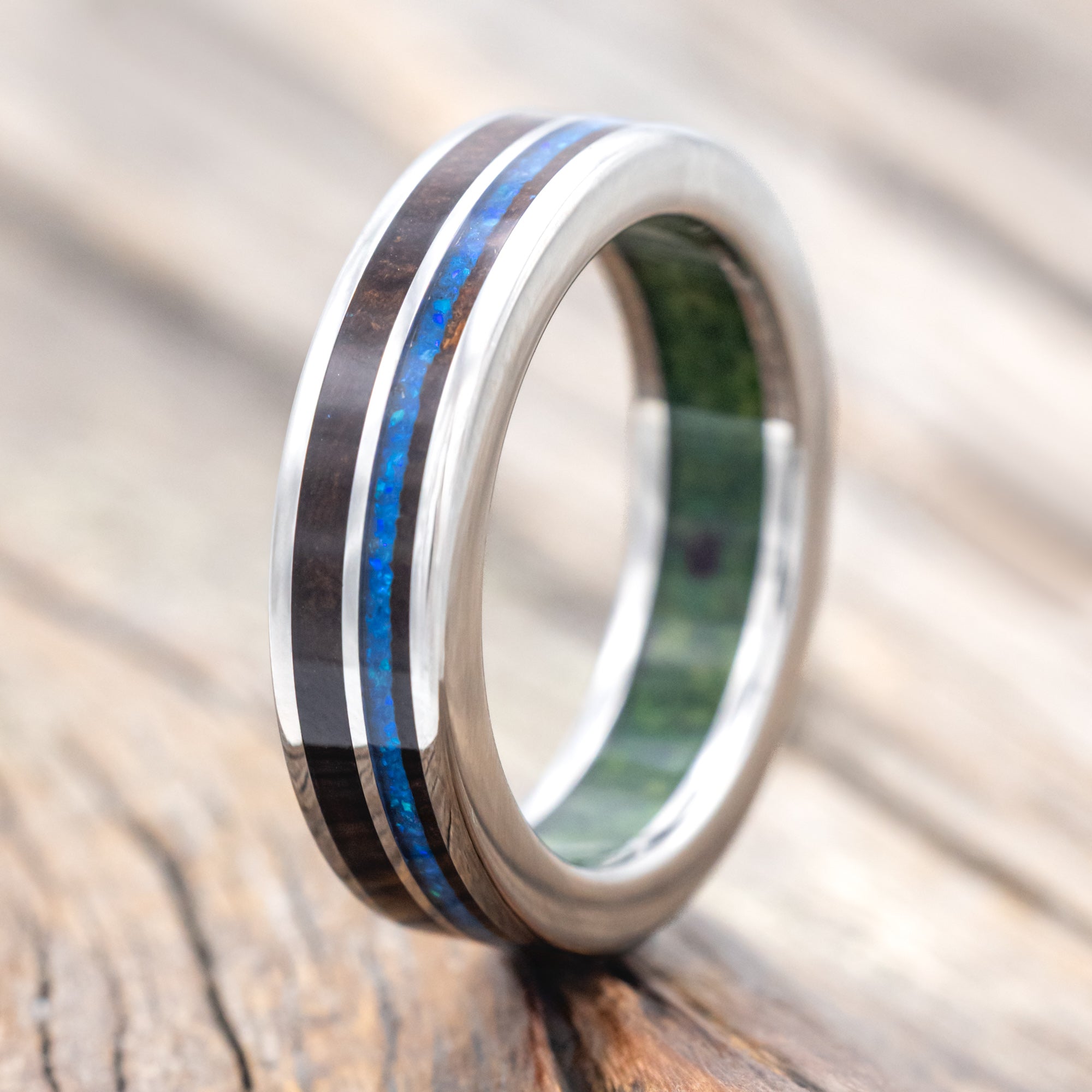 "DYAD" - KOA WOOD & BLUE OPAL WEDDING RING FEATURING A MOSS LINED BAND-Staghead Designs