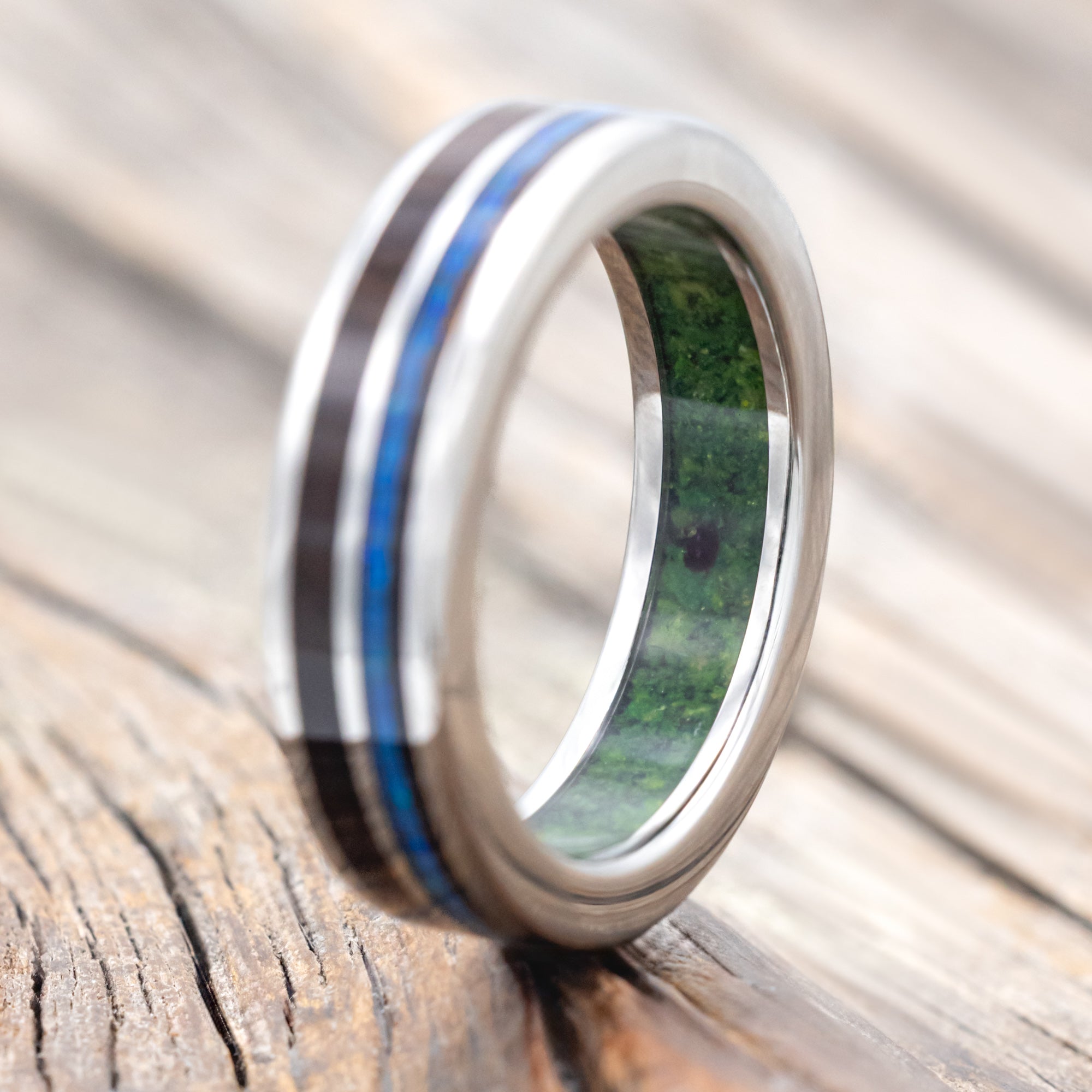 "DYAD" - KOA WOOD & BLUE OPAL WEDDING RING FEATURING A MOSS LINED BAND-Staghead Designs