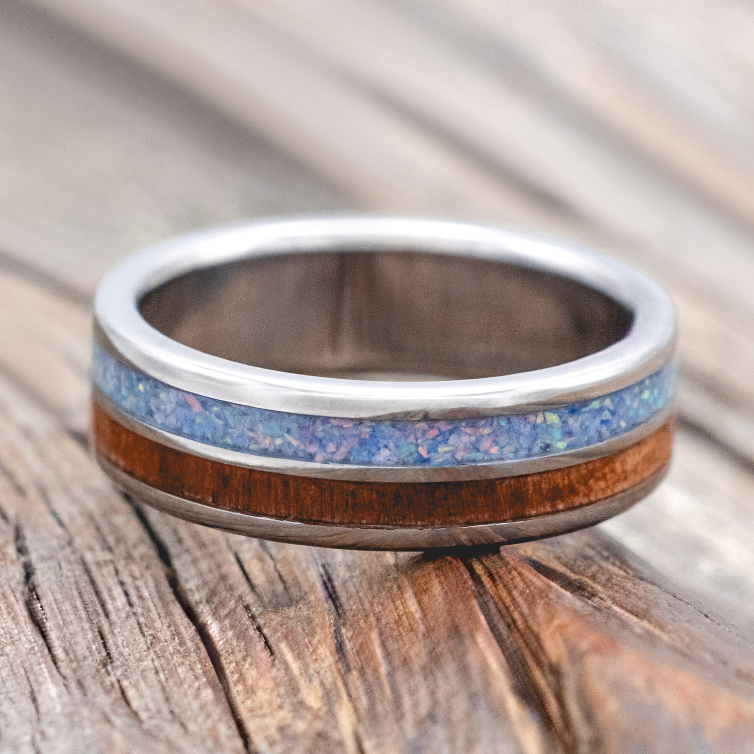 "DYAD" - MATCHING SET OF COTTON CANDY OPAL & REDWOOD WEDDING BANDS-Staghead Designs
