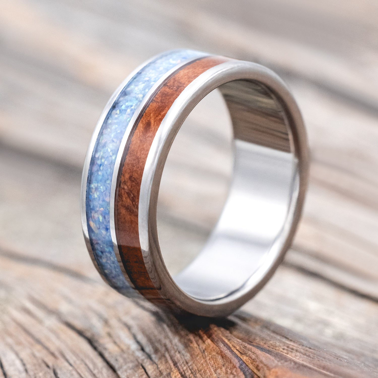 "DYAD" - MATCHING SET OF COTTON CANDY OPAL & REDWOOD WEDDING BANDS-Staghead Designs