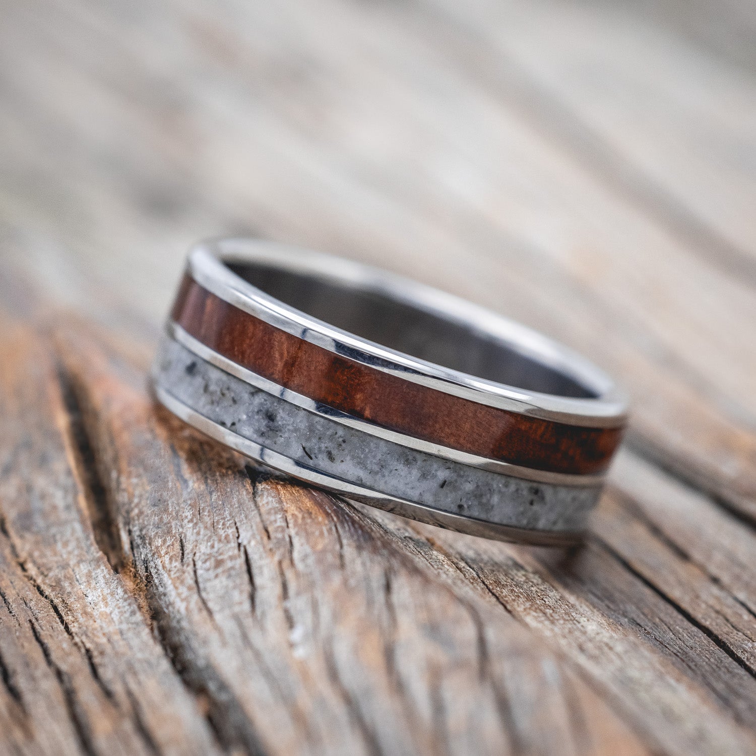 "DYAD" - MOONSTONE & REDWOOD WEDDING BAND-Staghead Designs