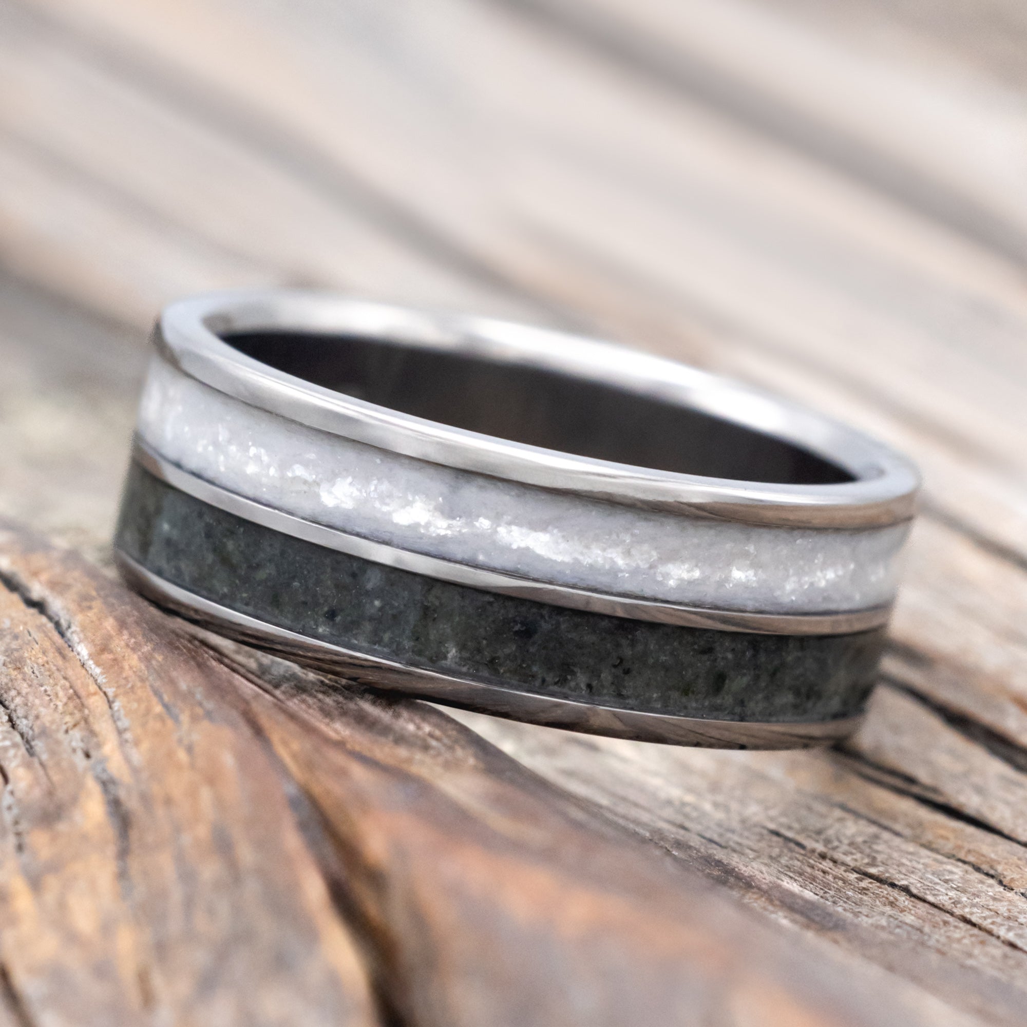 "DYAD" - MOSS AGATE & DIAMOND DUST WEDDING BAND-Staghead Designs