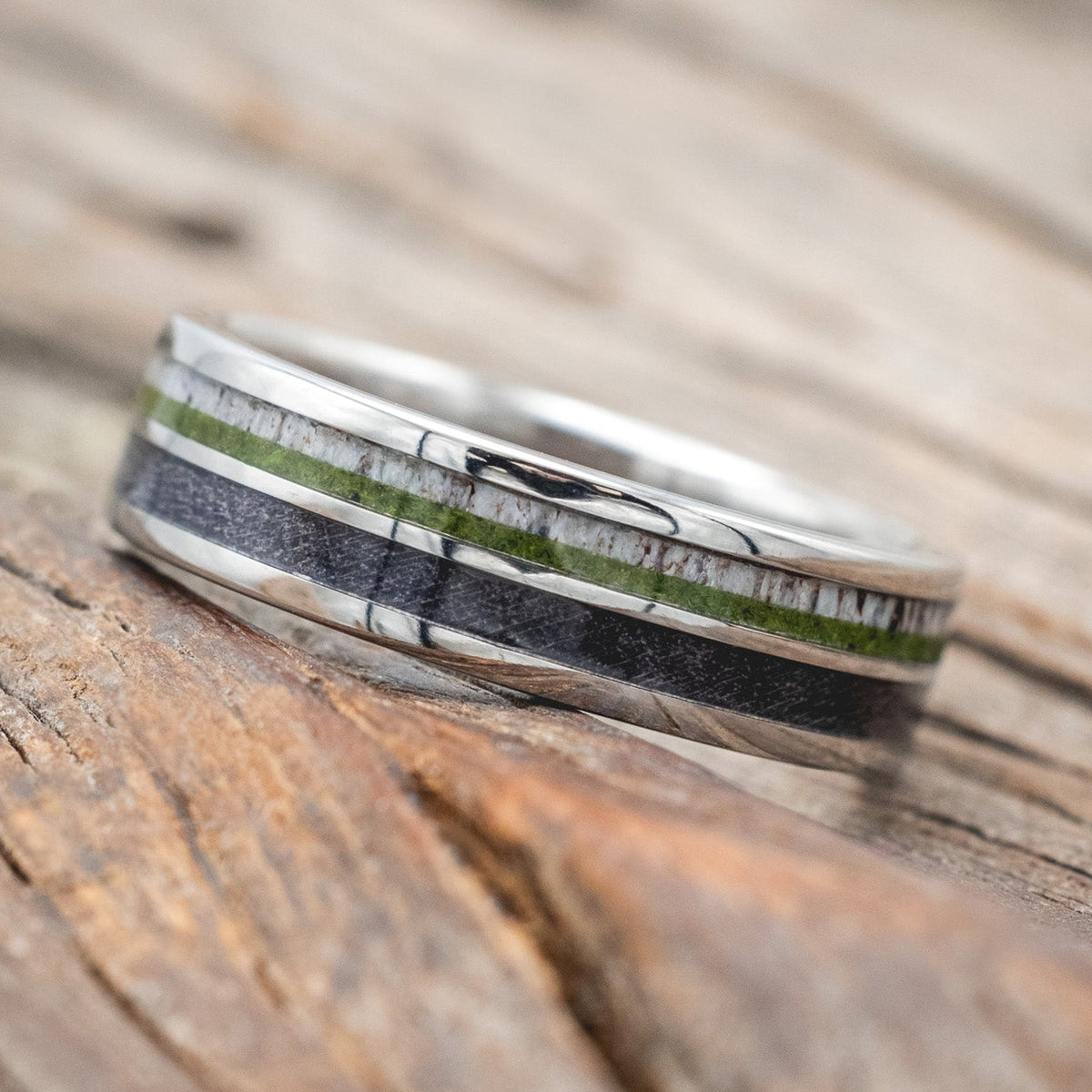 "DYAD" - MOSS, ANTLER & DARK MAPLE WOOD WEDDING BAND-Staghead Designs