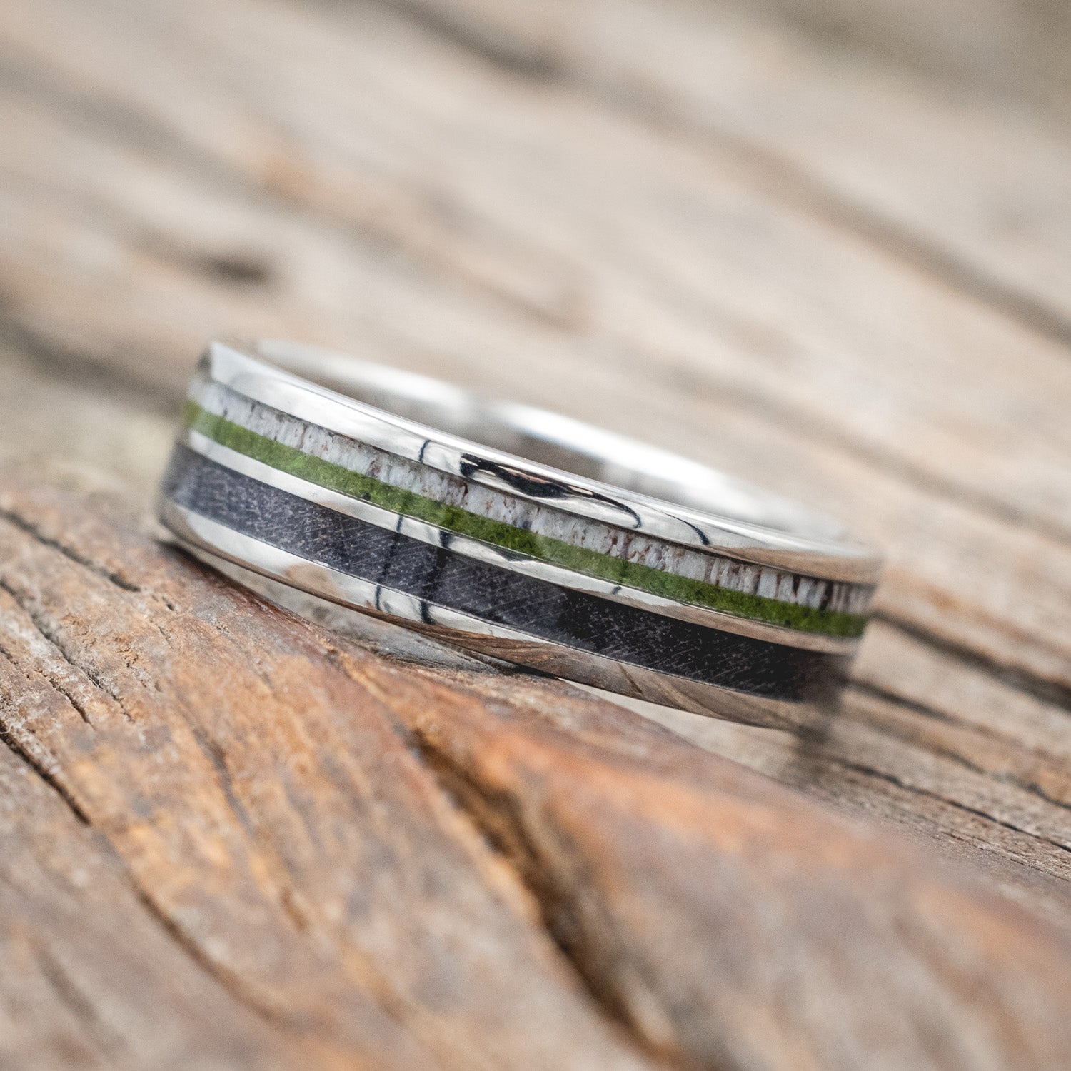 "DYAD" - MOSS, ANTLER & DARK MAPLE WOOD WEDDING BAND-Staghead Designs