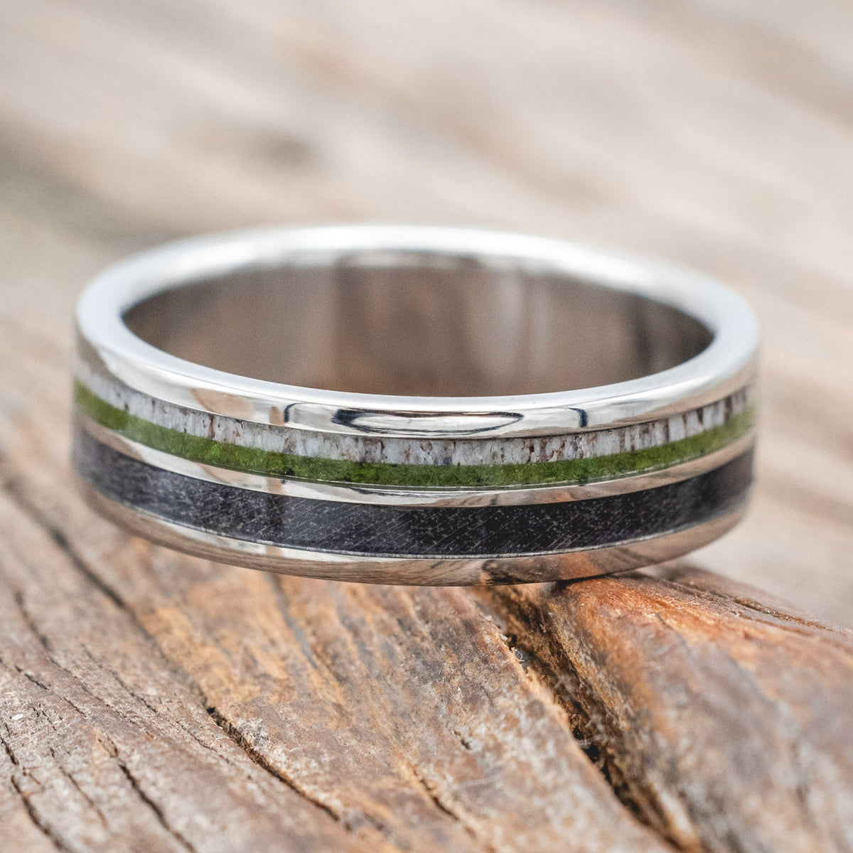 "DYAD" - MOSS, ANTLER & DARK MAPLE WOOD WEDDING BAND-Staghead Designs