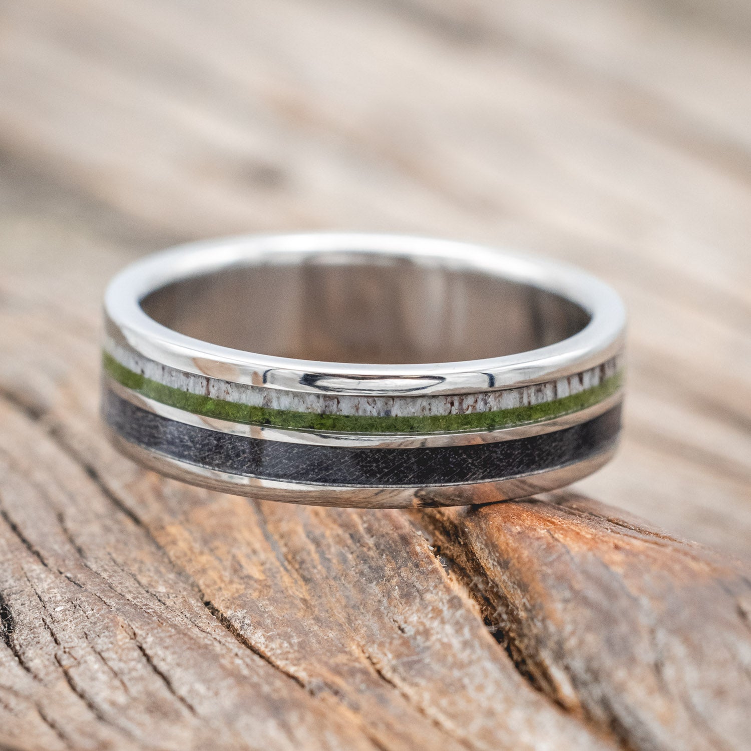 "DYAD" - MOSS, ANTLER & DARK MAPLE WOOD WEDDING BAND-Staghead Designs