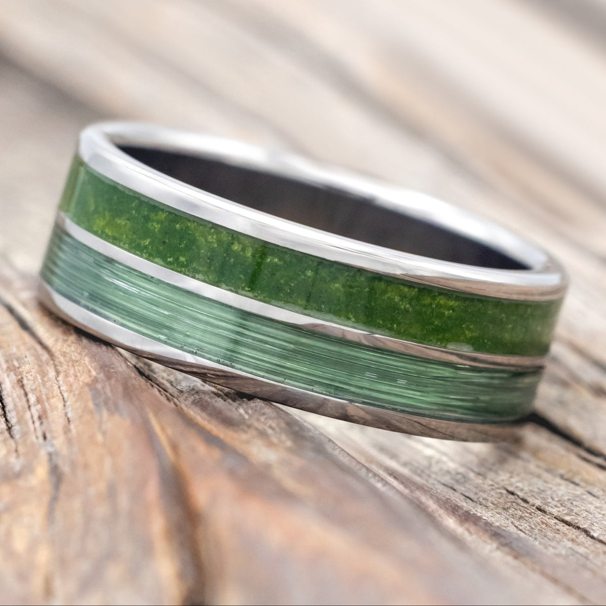 "DYAD" - MOSS & FISHING LINE WEDDING BAND-Staghead Designs