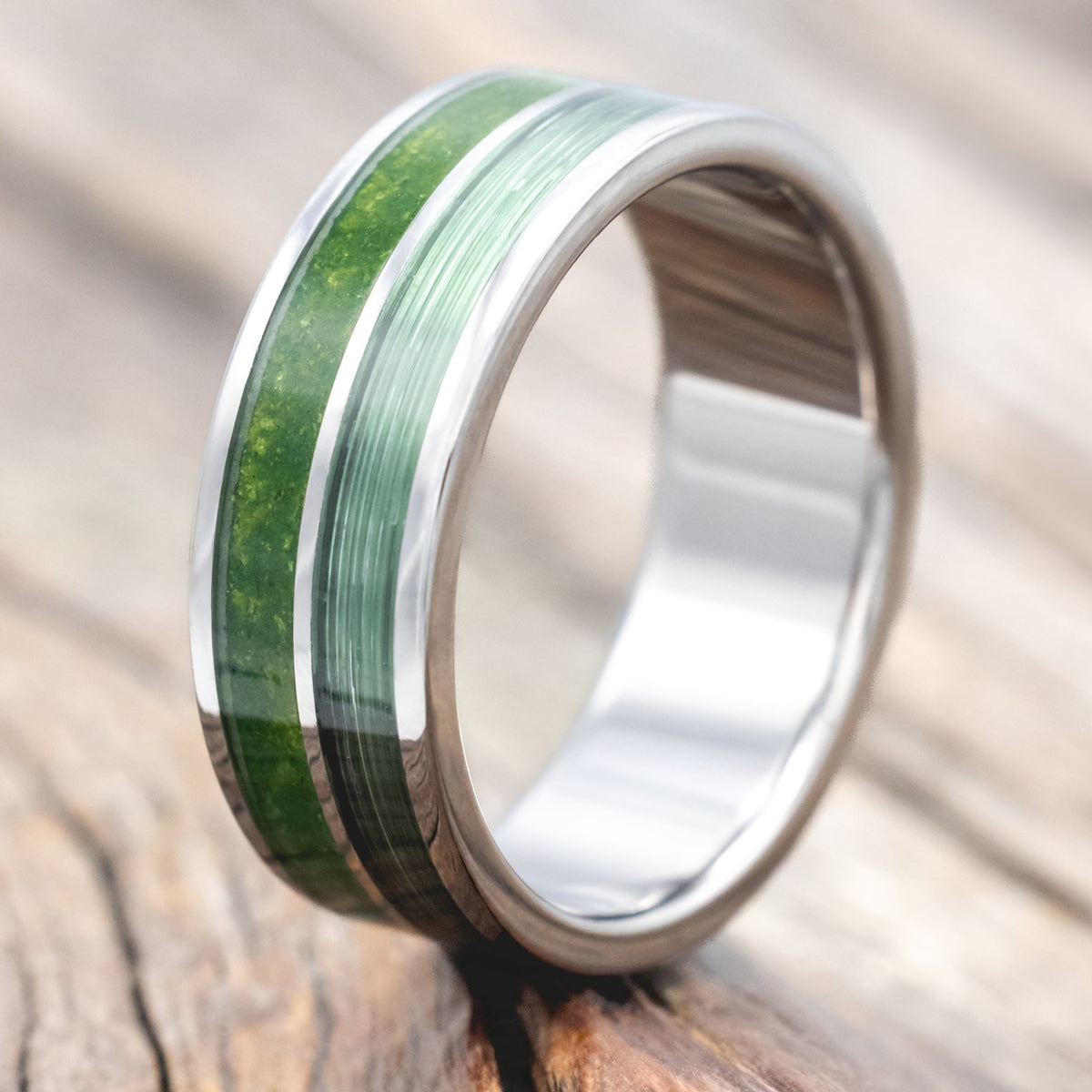 "DYAD" - MOSS & FISHING LINE WEDDING BAND-Staghead Designs