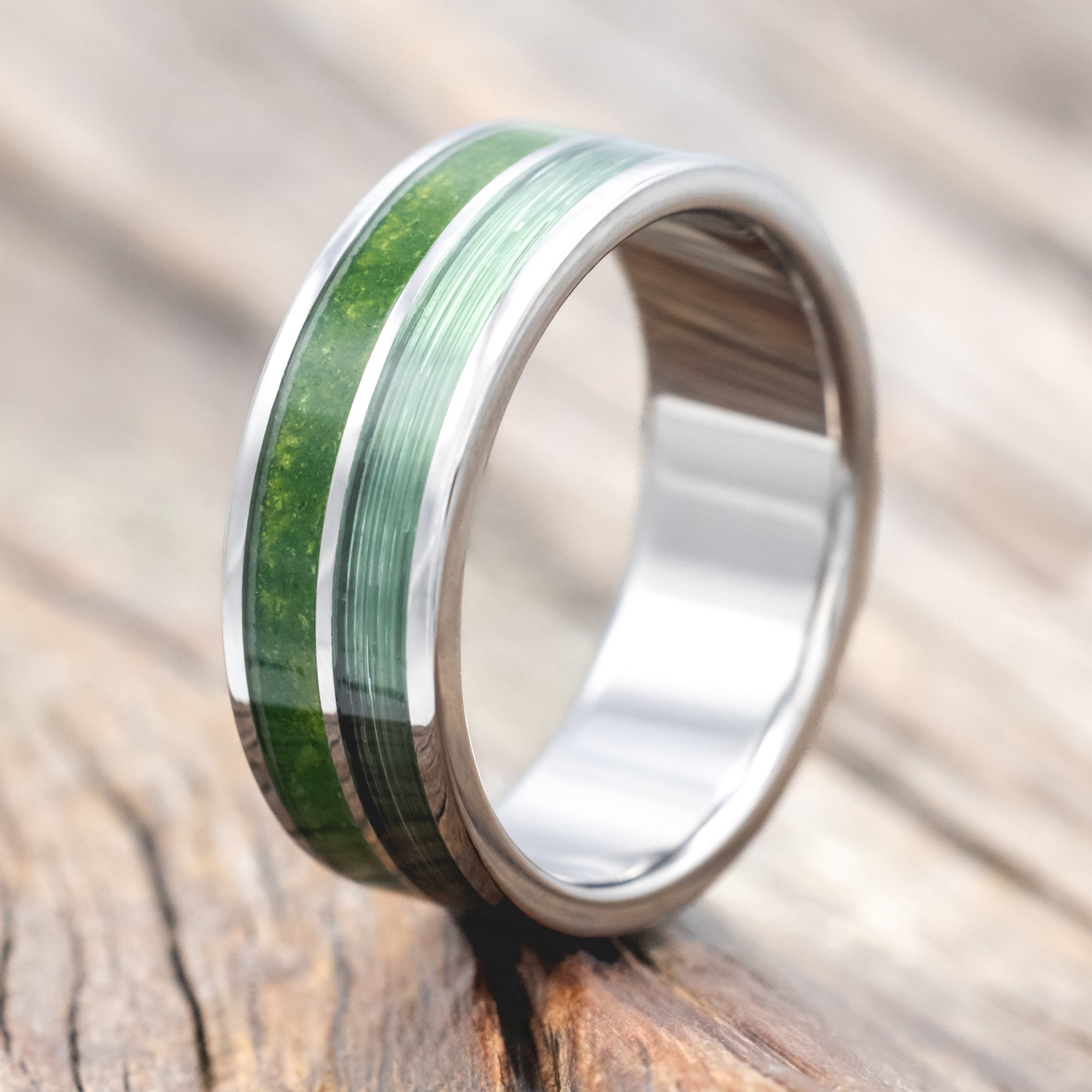 "DYAD" - MOSS & FISHING LINE WEDDING BAND-Staghead Designs