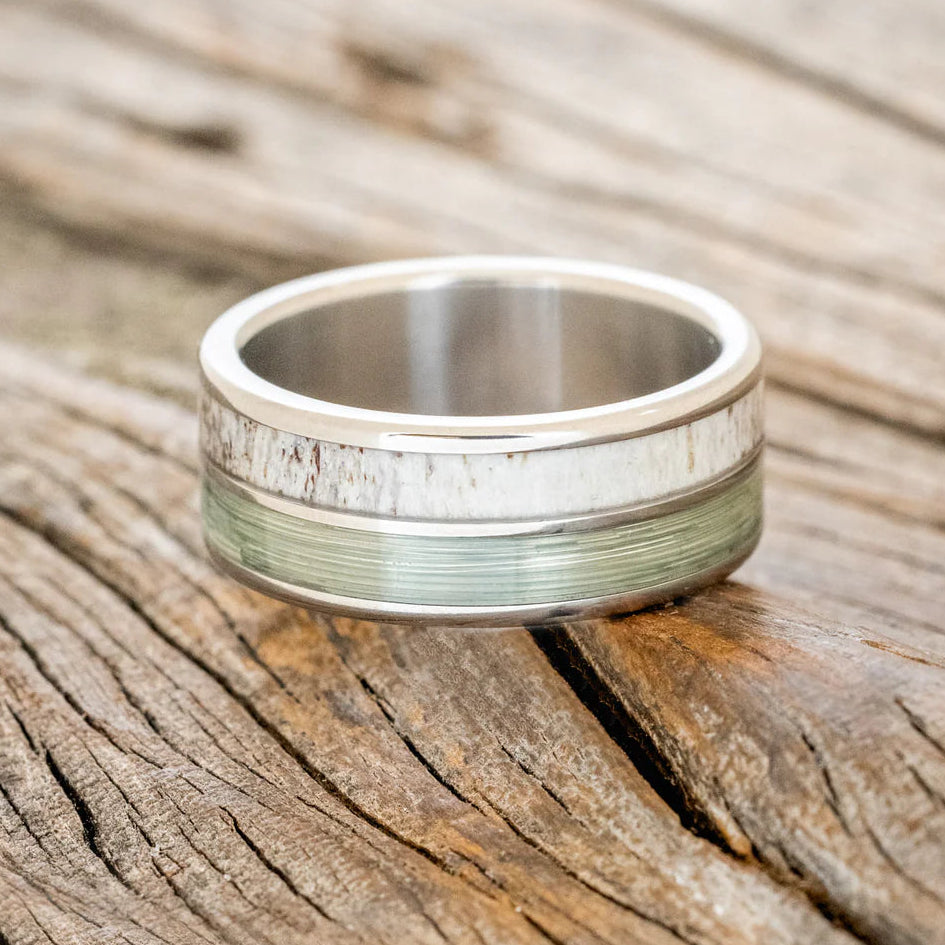 "DYAD" - ANTLER & FISHING LINE WEDDING BAND - TITANIUM - SIZE 8-3