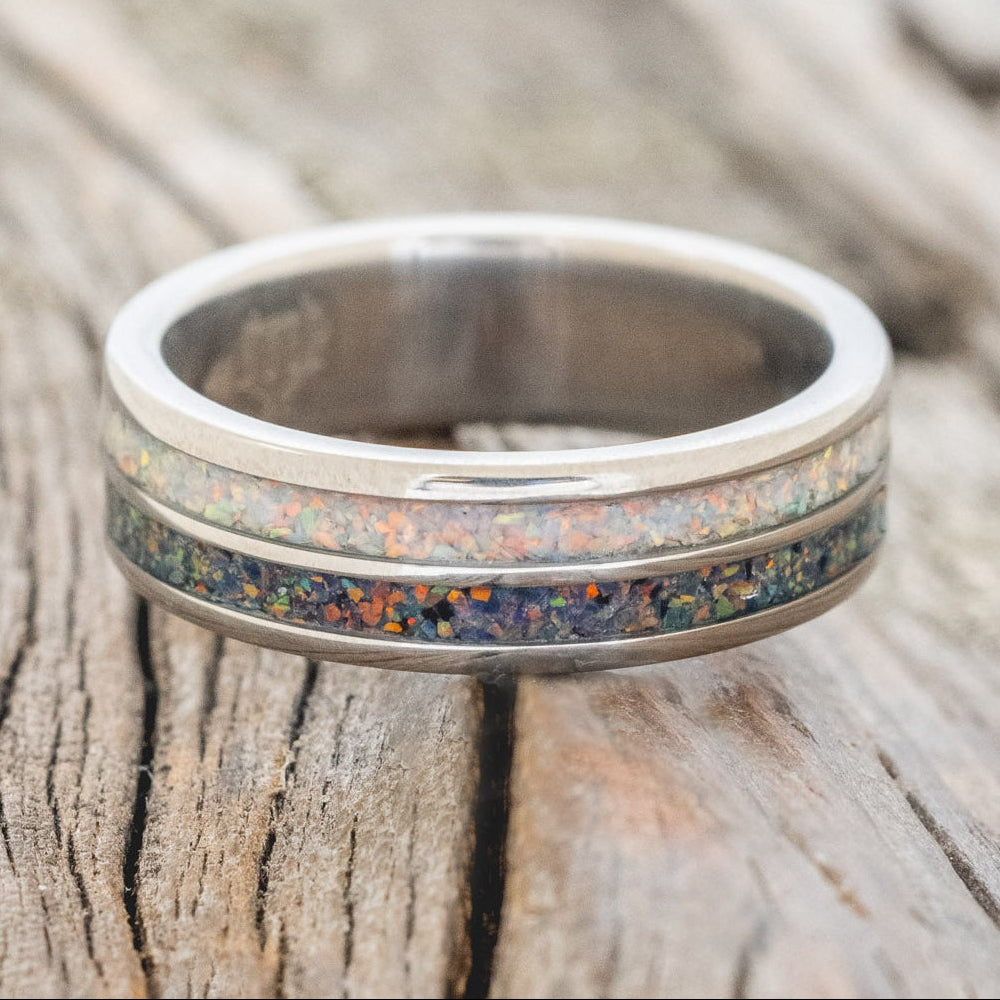 "DYAD" - FIRE AND ICE OPAL & BLACK FIRE OPAL WEDDING BAND-3