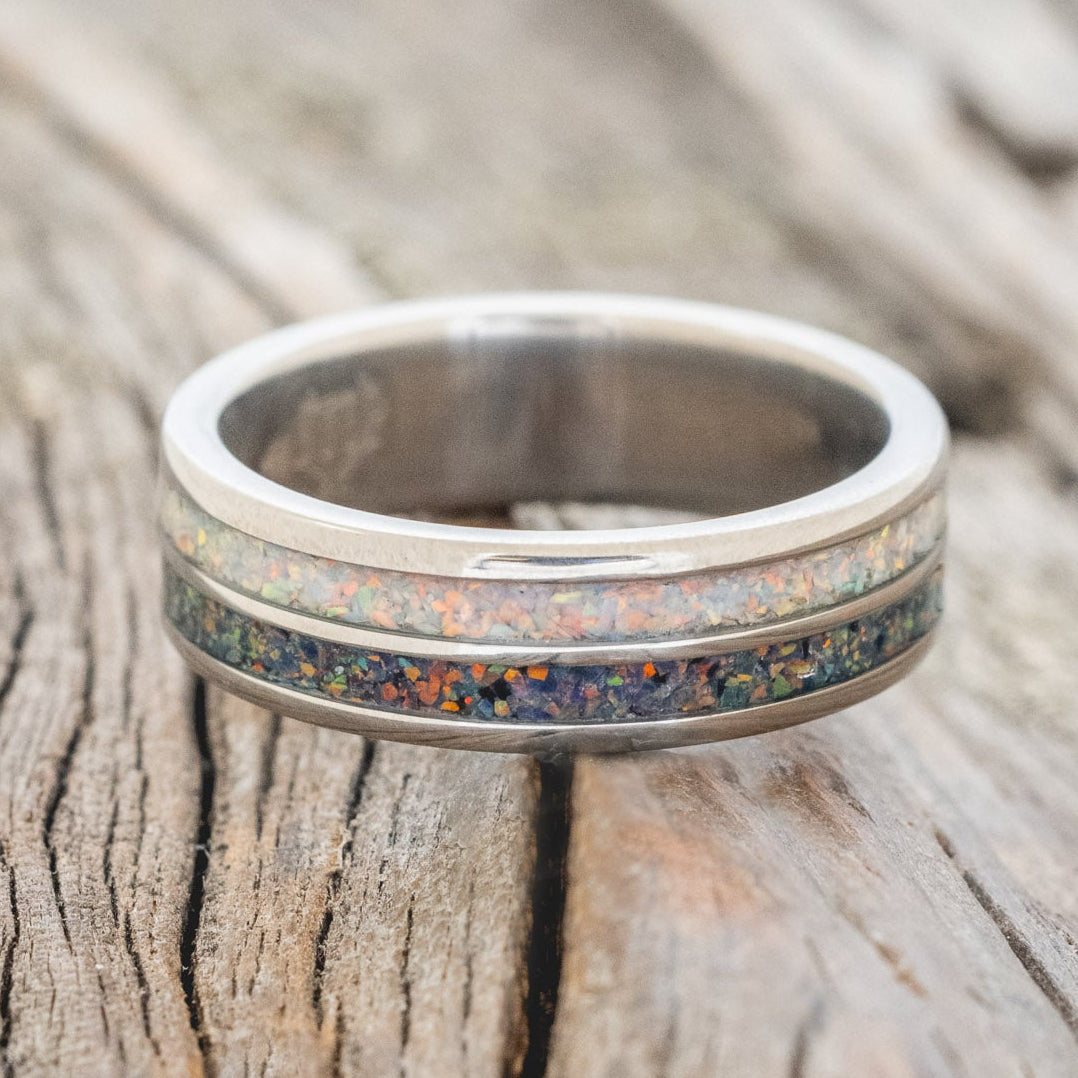 "DYAD" - FIRE AND ICE OPAL & BLACK FIRE OPAL WEDDING BAND-3