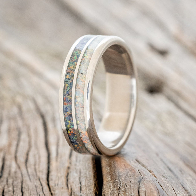 "DYAD" - FIRE AND ICE OPAL & BLACK FIRE OPAL WEDDING BAND-1