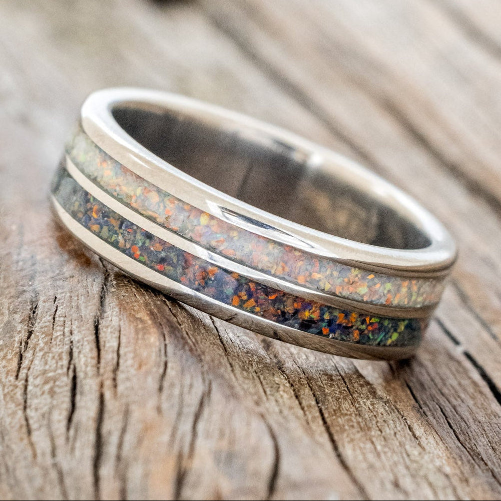 "DYAD" - FIRE AND ICE OPAL & BLACK FIRE OPAL WEDDING BAND-2