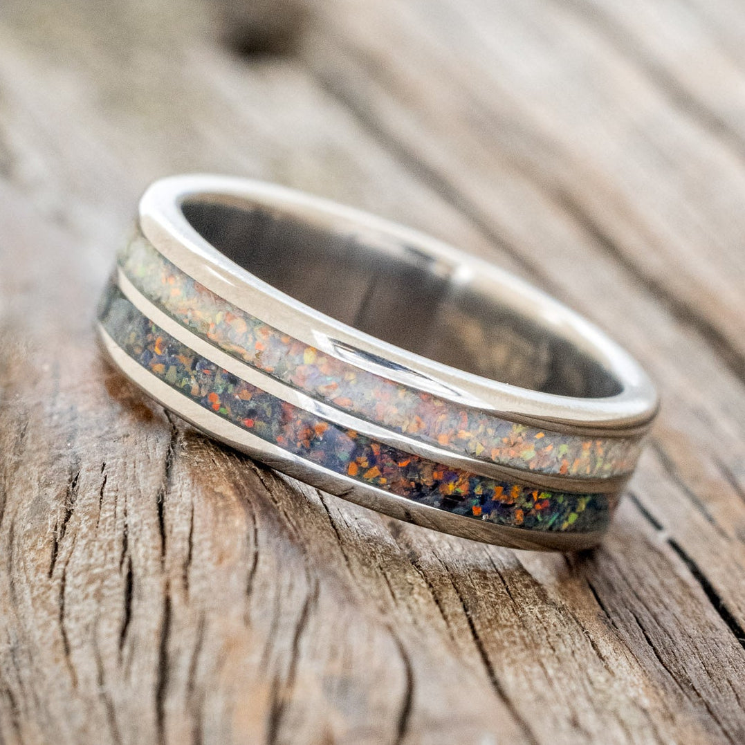 "DYAD" - FIRE AND ICE OPAL & BLACK FIRE OPAL WEDDING BAND-2