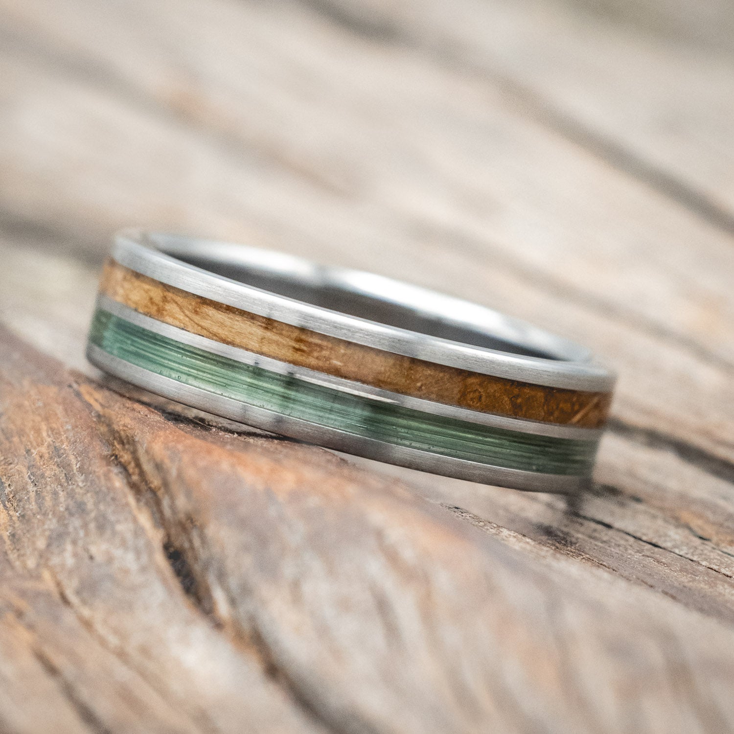 "DYAD" - WHISKEY BARREL OAK & CLEAR GREEN FISHING LINE INLAY WEDDING BAND IN A BRUSHED FINISH-Staghead Designs