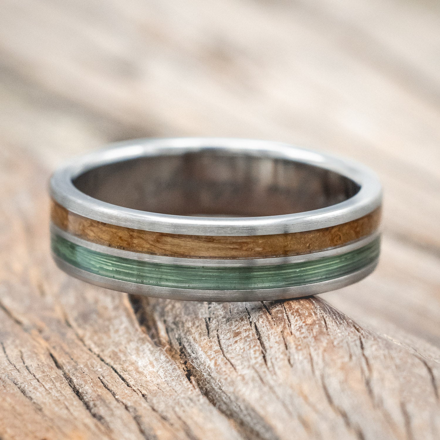 "DYAD" - WHISKEY BARREL OAK & CLEAR GREEN FISHING LINE INLAY WEDDING BAND IN A BRUSHED FINISH-Staghead Designs