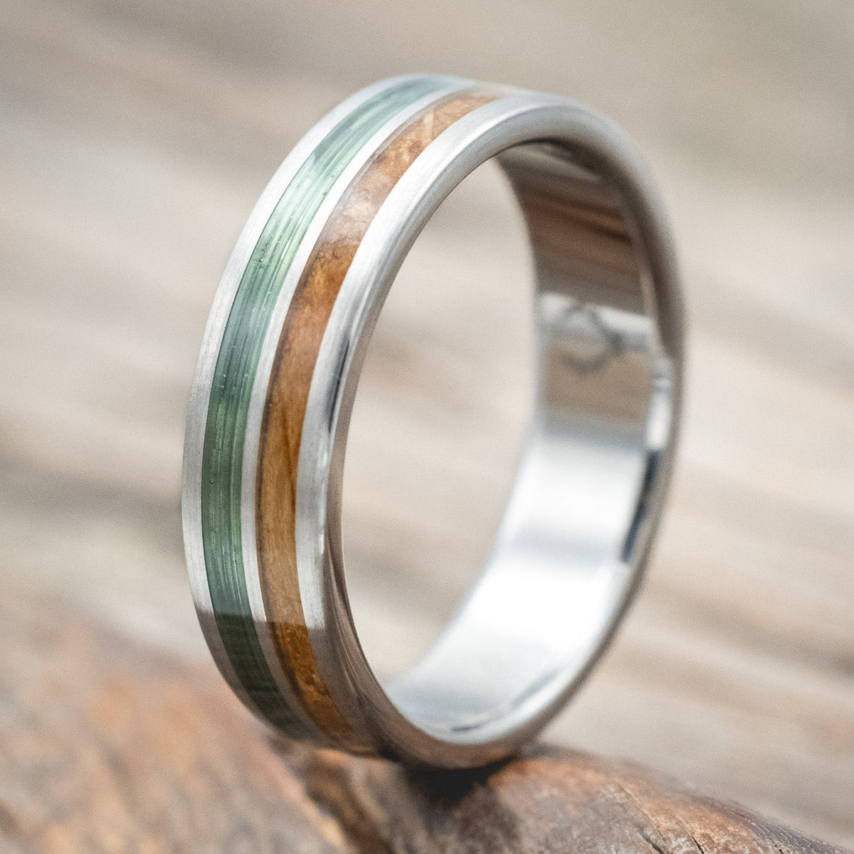 "DYAD" - WHISKEY BARREL OAK & CLEAR GREEN FISHING LINE INLAY WEDDING BAND IN A BRUSHED FINISH-Staghead Designs