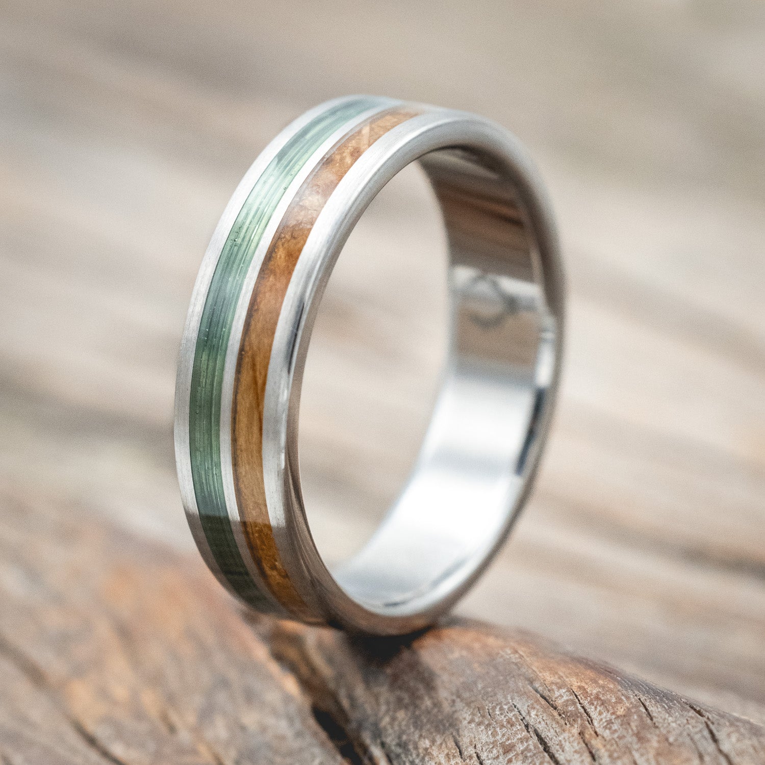 "DYAD" - WHISKEY BARREL OAK & CLEAR GREEN FISHING LINE INLAY WEDDING BAND IN A BRUSHED FINISH-Staghead Designs