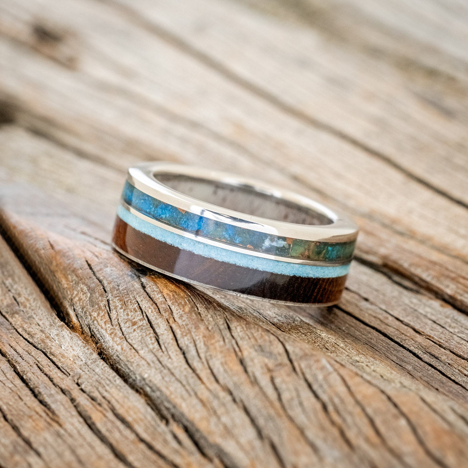 "ELEMENT" - IRONWOOD, PATINA COPPER & TURQUOISE WEDDING RING FEATURING AN ANTLER LINED BAND-2