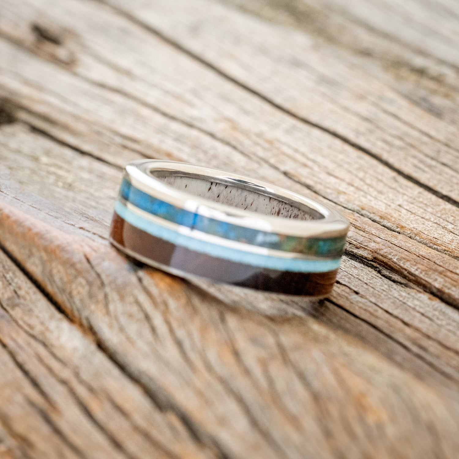 "ELEMENT" - IRONWOOD, PATINA COPPER & TURQUOISE WEDDING RING FEATURING AN ANTLER LINED BAND-5