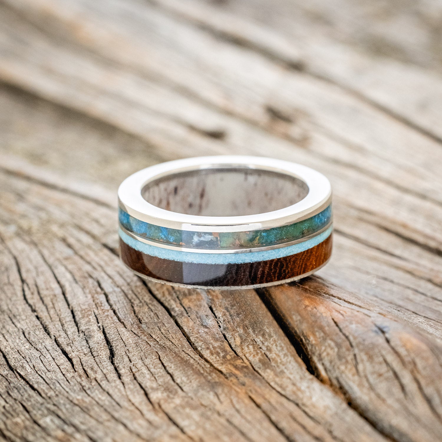 "ELEMENT" - IRONWOOD, PATINA COPPER & TURQUOISE WEDDING RING FEATURING AN ANTLER LINED BAND-6