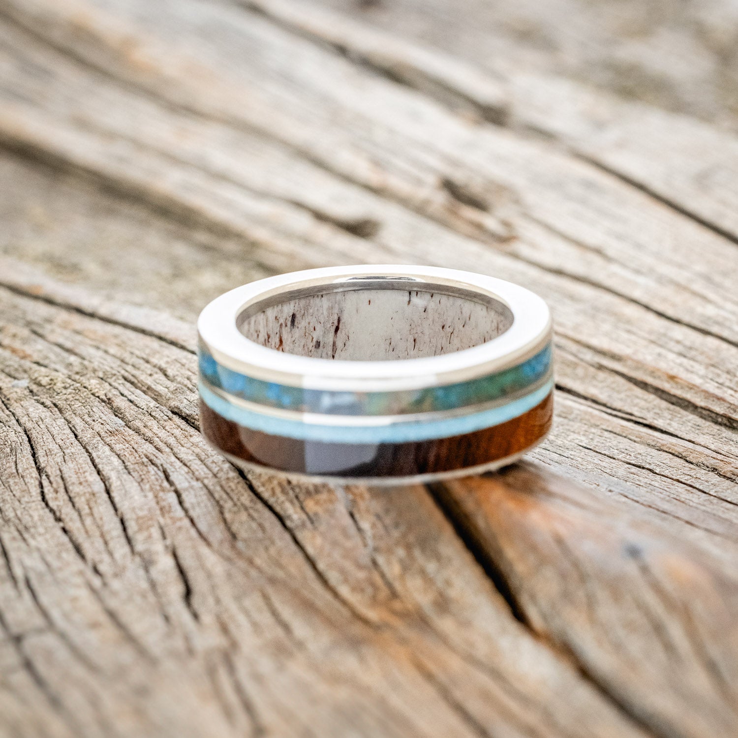 "ELEMENT" - IRONWOOD, PATINA COPPER & TURQUOISE WEDDING RING FEATURING AN ANTLER LINED BAND-3