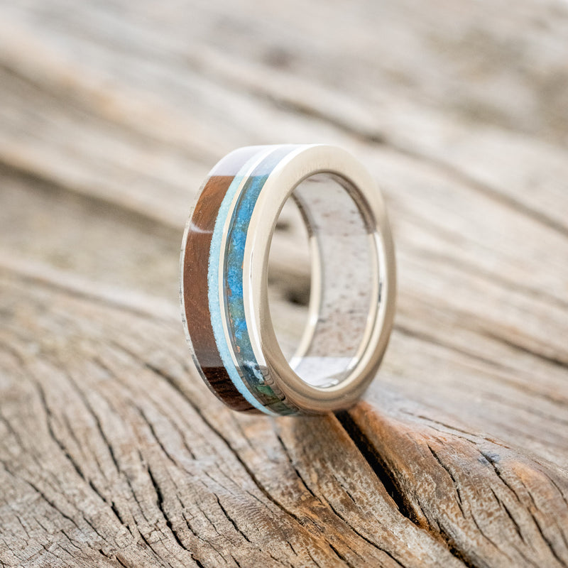 "ELEMENT" - IRONWOOD, PATINA COPPER & TURQUOISE WEDDING BAND WITH AN ANTLER LINING - READY TO SHIP-4