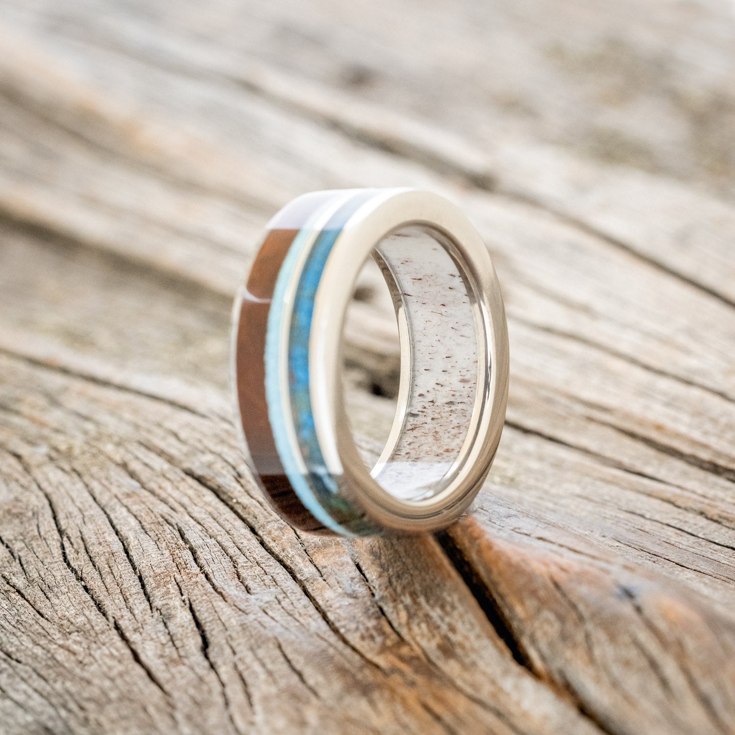 "ELEMENT" - IRONWOOD, PATINA COPPER & TURQUOISE WEDDING RING FEATURING AN ANTLER LINED BAND-4