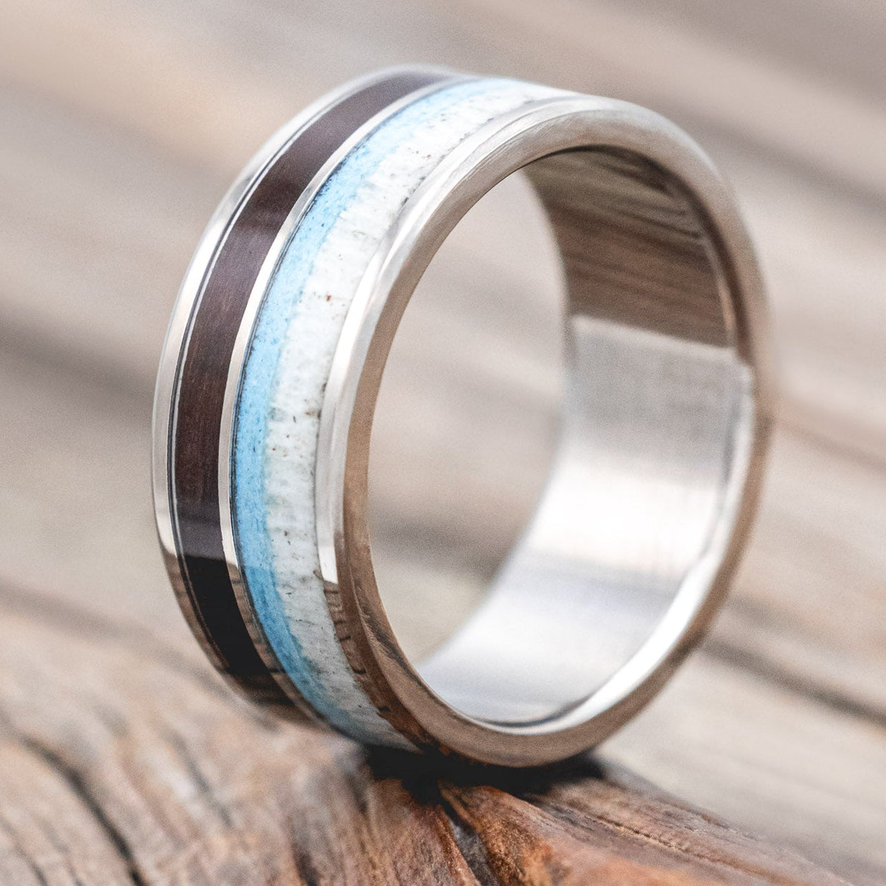 "ELEMENT" - KOA WOOD, ANTLER & TURQUOISE WEDDING BAND-Staghead Designs