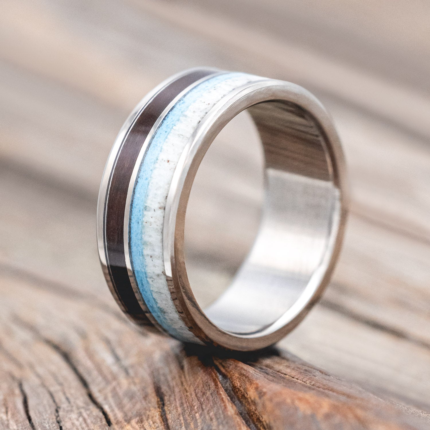 "ELEMENT" - KOA WOOD, ANTLER & TURQUOISE WEDDING BAND-Staghead Designs