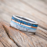 "ELEMENT" - PATINA COPPER, TURQUOISE, ANTLER & 14K ROSE GOLD INLAY WEDDING BAND-Staghead Designs