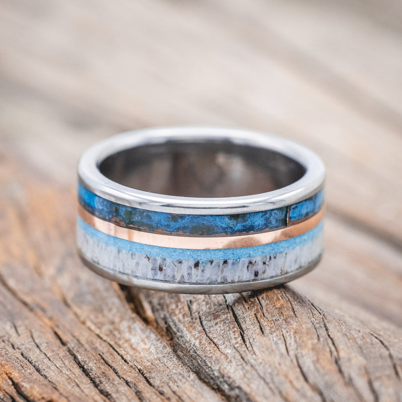 "ELEMENT" - PATINA COPPER, TURQUOISE, ANTLER & 14K ROSE GOLD INLAY WEDDING BAND-Staghead Designs