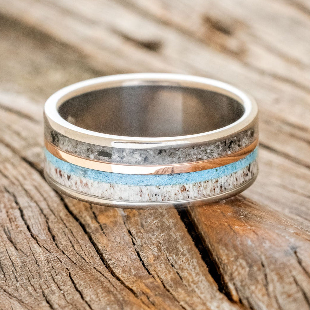 "ELEMENT" - MOONSTONE, TURQUOISE, ANTLER & 14K ROSE GOLD INLAY WEDDING BAND-3