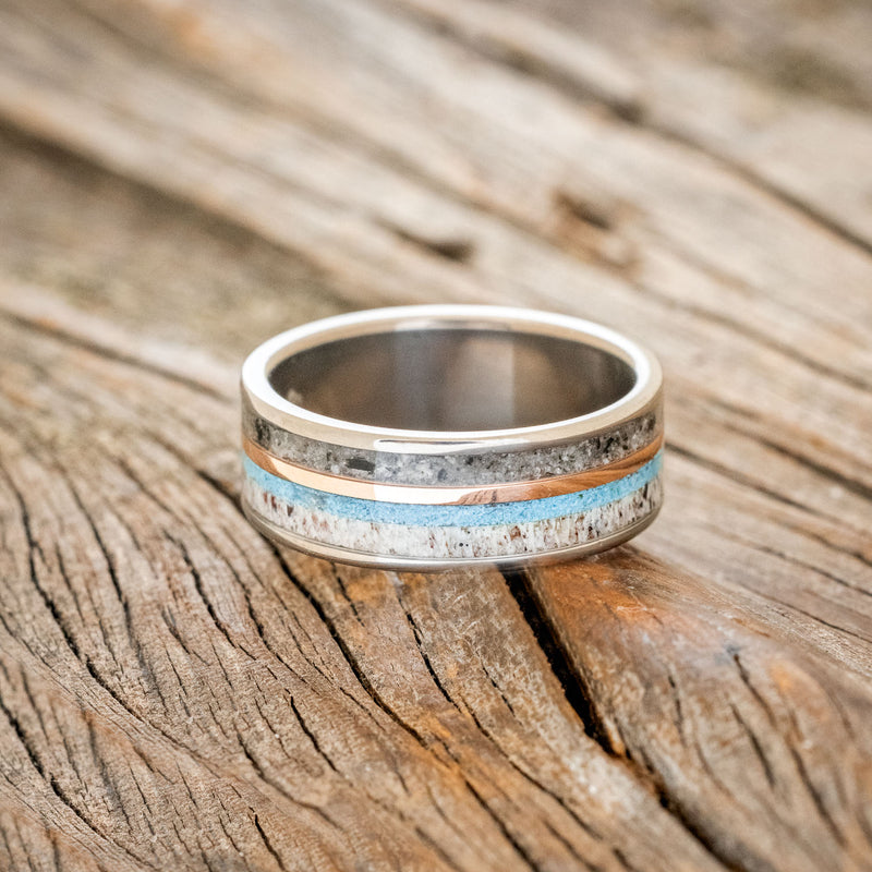 "ELEMENT" - MOONSTONE, TURQUOISE, ANTLER & 14K ROSE GOLD INLAY WEDDING BAND-3