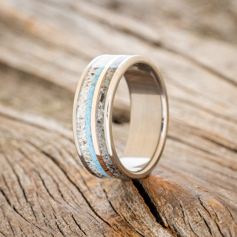 "ELEMENT" - MOONSTONE, TURQUOISE, ANTLER & 14K ROSE GOLD INLAY WEDDING BAND-1